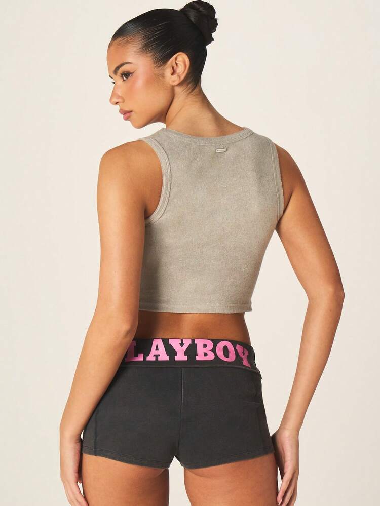 Missguided x Playboy Racerback Tank Top With Pink Logo Detail Sleeveless Ribbed Cropped Summer Athletic Training Casual Comfortable Fitted Sports Bra Style