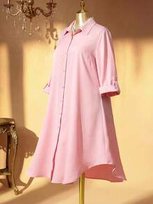 Rometta Romantic Date  Plus Roll Tab Sleeve Curved Hem Shirt Dress Fall Cloth For Women - Baby Pink - View 2