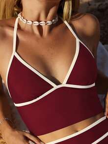 Costavie 2026春夏吊带纯色撞色三角杯高腰三角泳裤甜美女士吊带比基尼两件套泳衣女士两件套泳衣坦克背心泳衣两件套泳衣性感坦克背心泳衣短款两件套 - 酒紅色 - 查看 5