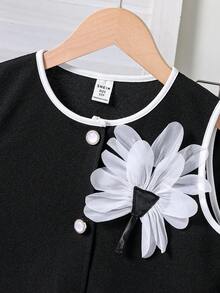 SHEIN Tween Girls Colorblock 3D Floral Decor Sleeveless T-Shirt And Solid Color Shorts Set - Black - View 10
