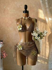 SaltGleam SaltGleam Set Bikini Halter dengan Dekorasi Logam untuk Wanita dan Celana Dalam Segitiga dengan Rok Mini, Cocok untuk Liburan di Pantai - Coklat - View 4