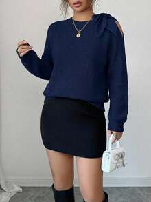 Solid Color Twist Hollow Out Casual Versatile Long Sleeve Pullover Sweater - Navy Blue - View 3
