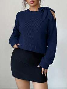Solid Color Twist Hollow Out Casual Versatile Long Sleeve Pullover Sweater - Navy Blue - View 4