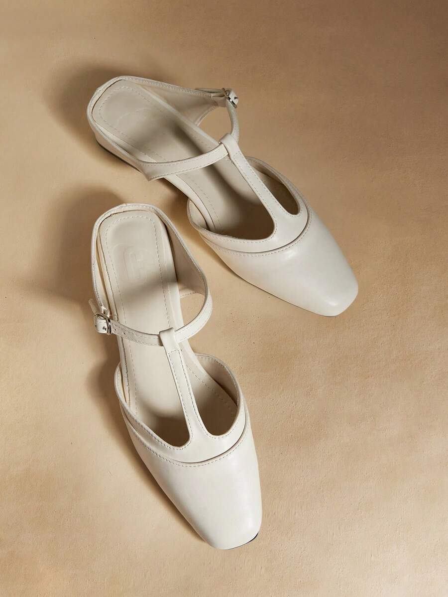 Rosivie Square Toe Mary Jane Sandals Women Wear New Comfortable Women's Fashion Versatile Slip-On T-Button Slippers - Off-white - View 1