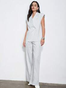 Aveloria Modichic 白色条纹精致设计复古时尚优雅通勤百搭解构宽肩无袖西装背心上衣搭配条纹直筒西装裤，女士套装，通勤休闲优雅百搭 - 白色 - 查看 3