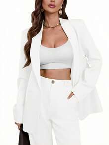 Aveloria Modichic Blazers de manga larga de unicolor con bolsillos - Blanco - Ver 5