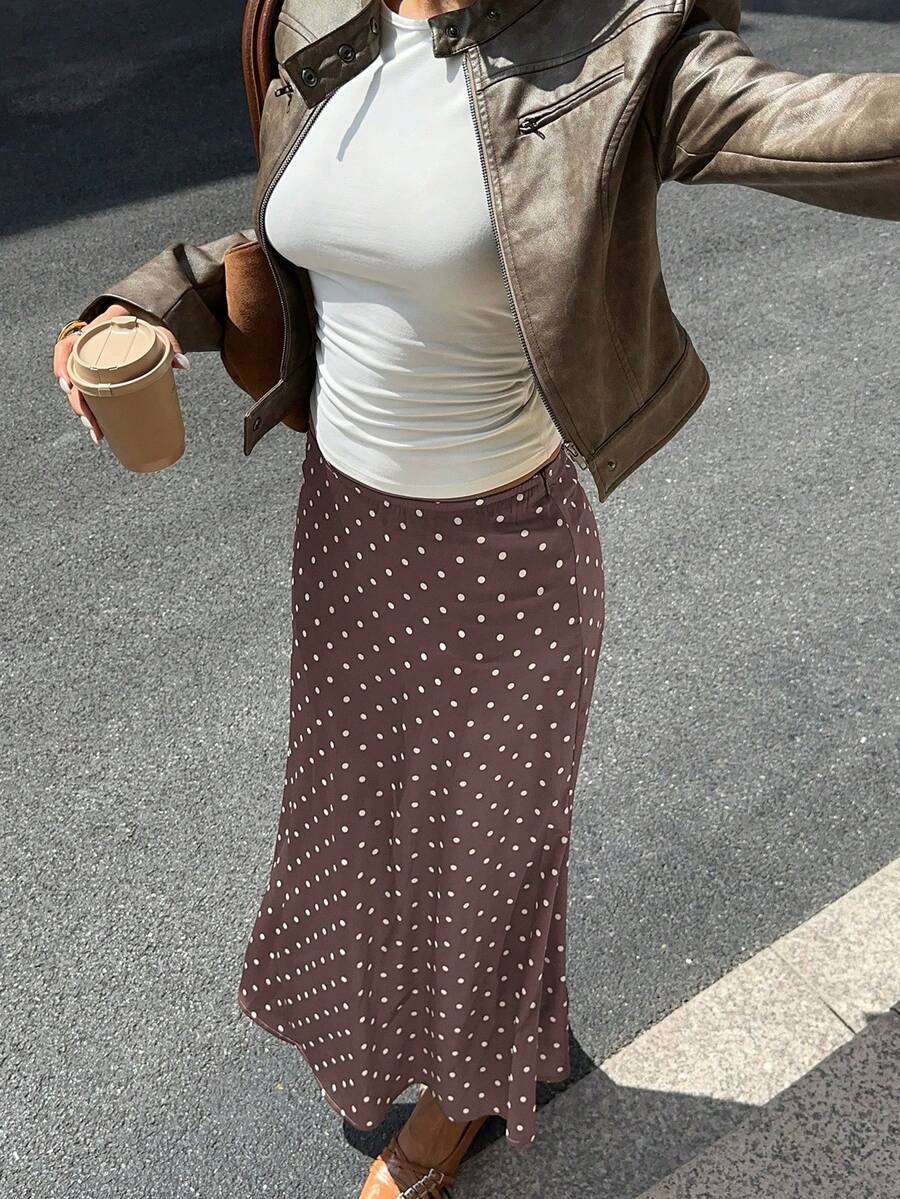 MainGRL Mocha Brown Satin Polka Dot Mermaid Hem Elegant Maxi Dress, Suitable For Women, New Year, Party Wear - Mocha Brown - View 1