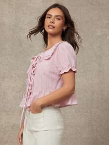 WESTFADE Peter Pan Collar Tie Front Ruffle Peplum Striped Top - Pink - View 4