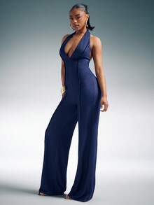 Denimoi 阔腿低领露背连体裤 性感连体裤 早午餐穿搭 露背度假装 - 藏蓝色 - 查看 4