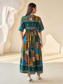 SHEIN Lacomfia Casual Conservative Floral Print Long Dress For Women - Green - View 4