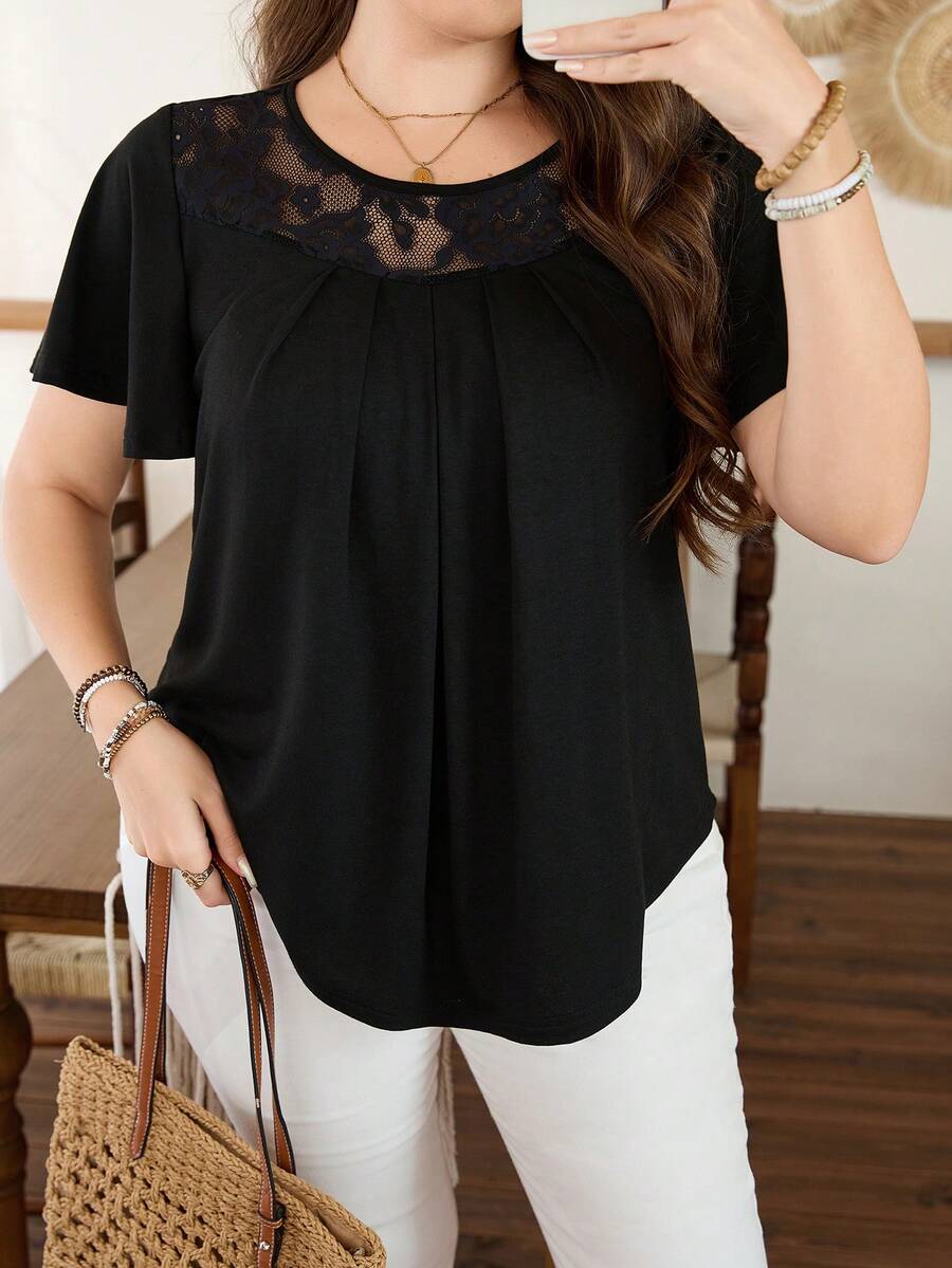 Lacomfia Women's Lace Patchwork Ruffle Sleeve Versatile Comfortable Plus Size T-Shirt - Black - View 1