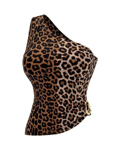 GlowEve CURVE Women's Asymmetric Leopard Print Metal Buckle Decor Plus Size Blouse, Suitable For Beach Vacation, Spring/Summer Corset Top Women's Corset Animal Print Corset Leopard Print Corset Top Women Clothing Corset