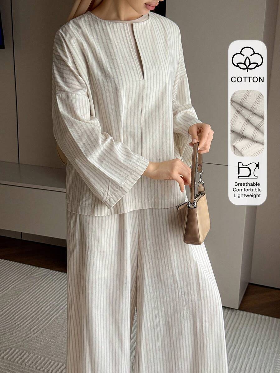 DAZY Set de 2 piezas con blusa blanca holgada a rayas y pantalones casuales para mujer - Blanco - Ver 1