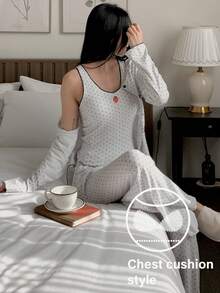 DAZY 3pcs/Set Strawberry Polka Dot Print Women Pajama Set - Grey - View 3