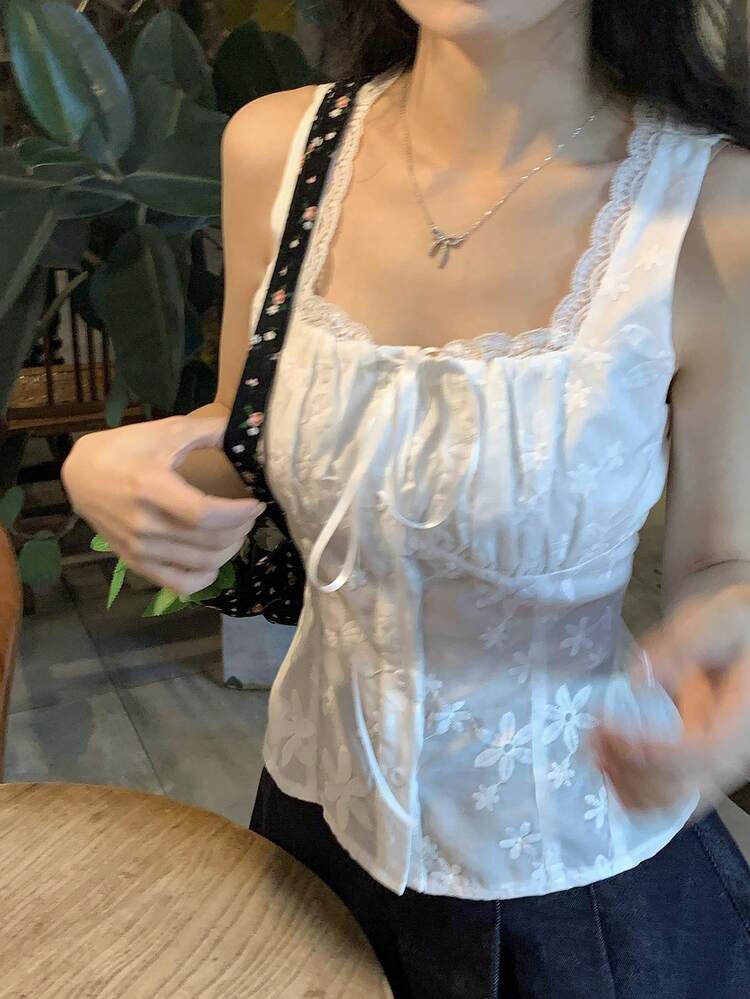 Spring & Summer Fashion White Patchwork Tie-Up Bustier Top, Textured Fabric Lace Splice, Sexy Music Festival, Valentine's Day, Casual Beach Vacation, Fitted Waist Camisole For Women