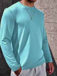 Manfinity Homme Men's Solid Color Round Neck Casual Versatile Long Sleeve T-Shirt, Spring/Summer - Baby Blue - View 4