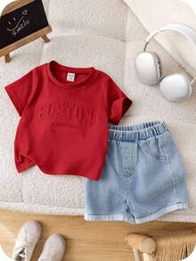 SHEIN 2pcs Baby Boy Summer Casual Letter Print T-Shirt And Light Blue   Shorts Set - Red - View 5