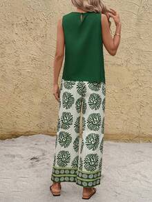 SHEIN Clasi 女士新款优雅无袖上衣和印花阔腿裤两件套，适合度假、日常穿着及多种场合。 - 彩色 - 查看 9