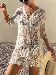 DAZY Women's Crochet Hollow Out Bohemian Style Cover Up Cover Up For Summer Vacation Boho - Beige - View 2