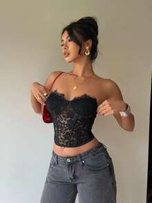 Siren Gaze 黑色花卉蕾丝钢圈胸衣吊带背心女款 - 黑色 - 查看 5