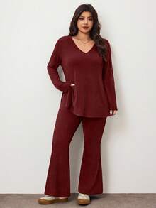 Enliva 大码休闲家居服简约露肩罗纹两件套，秋冬皆宜，适合圆润身材曲线 - 酒紅色 - 查看 7