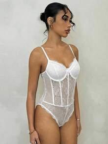 Glamine 女士时尚性感撞色蕾丝连体衣，夏季 - 白色 - 查看 3