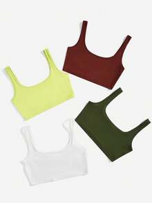SHEIN BASICS Áo tank top nữ màu trơn cổ chữ U, dây bản rộng, dáng ngắn, kiểu dáng thường ngày, đa năng, thích hợp cho mùa hè. - màu xanh lá - Xem 7