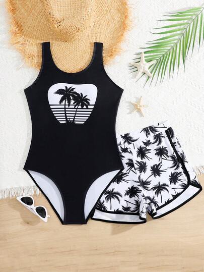 Teen Girls One-Piece Swimsuit, Black Palm Tree Print, One-Piece Swimwear With Shorts, Fashionable Casual Elegant Lady Style, Suitable For Swimming, Vacation, Beach, Pool In Summer Black And White Swimsuit Tankini Swimsuit With Shorts Black And White Bathing Suits For Teen Girls Beach Teen Girl Outfit High Waist Swimsuit Set Shien Tween Girl Coconut Tree Swimsuit Bathing Suit Set Stylish Teen Swim Suit Set