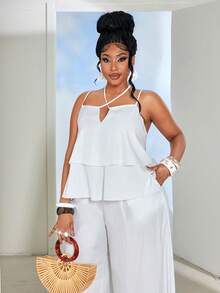 Maweii Große Größen minimalistischer weißer Zweifach-Rüschen-Saum Kreuz-Rücken Trägerhemd und bequeme weite Hose 2 Stücke Set, weißer Anzug, elegantes Outfit für Mollige, Rüschen-Saum, geeignet für Ausflüge, Alltag, Partys, Einkaufen Urlaubsoutfit für Frauen, Braut, Abschluss, Damen Sommer 2 Stücke Set, Damen Sommer Co-Ord, Damen Casual 2 Stücke Outfit, Damen Casual Outfit Sets, Damen 2 Stücke Outfit Casual - Weiss - Übersicht 4