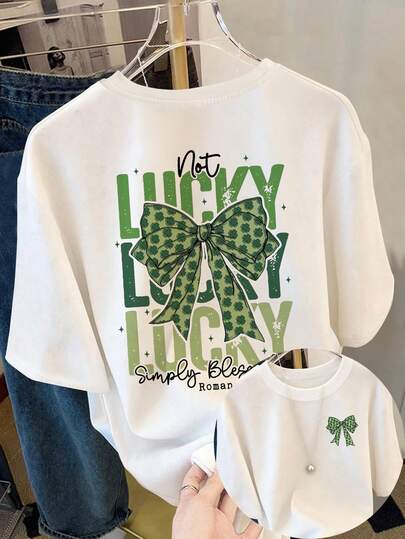 Resyla Camiseta de San Patricio con suerte, camiseta de mujer de cuello redondo con estampado de lazo de trébol, adecuada para uso diario y festivo