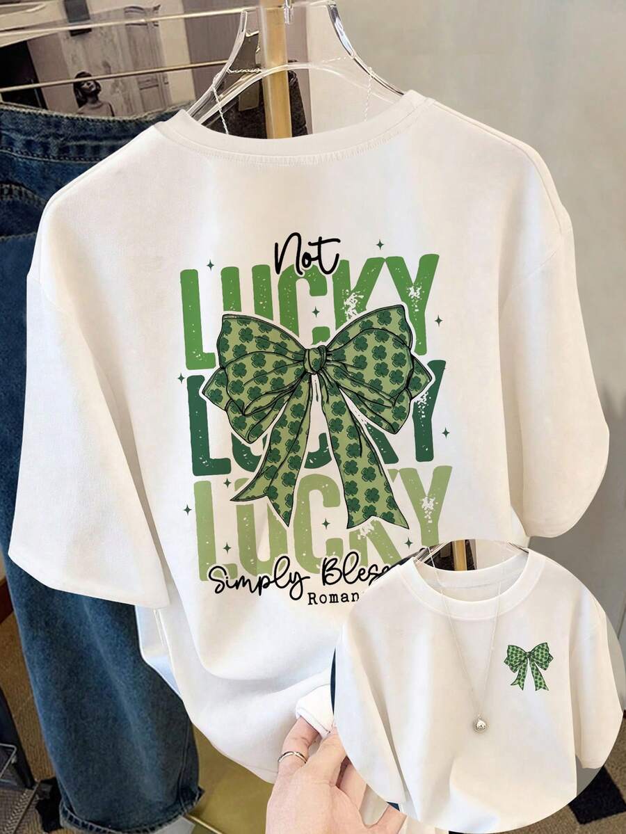 Resyla Camiseta de San Patricio con suerte, camiseta de mujer de cuello redondo con estampado de lazo de trébol, adecuada para uso diario y festivo - Blanco - Ver 1
