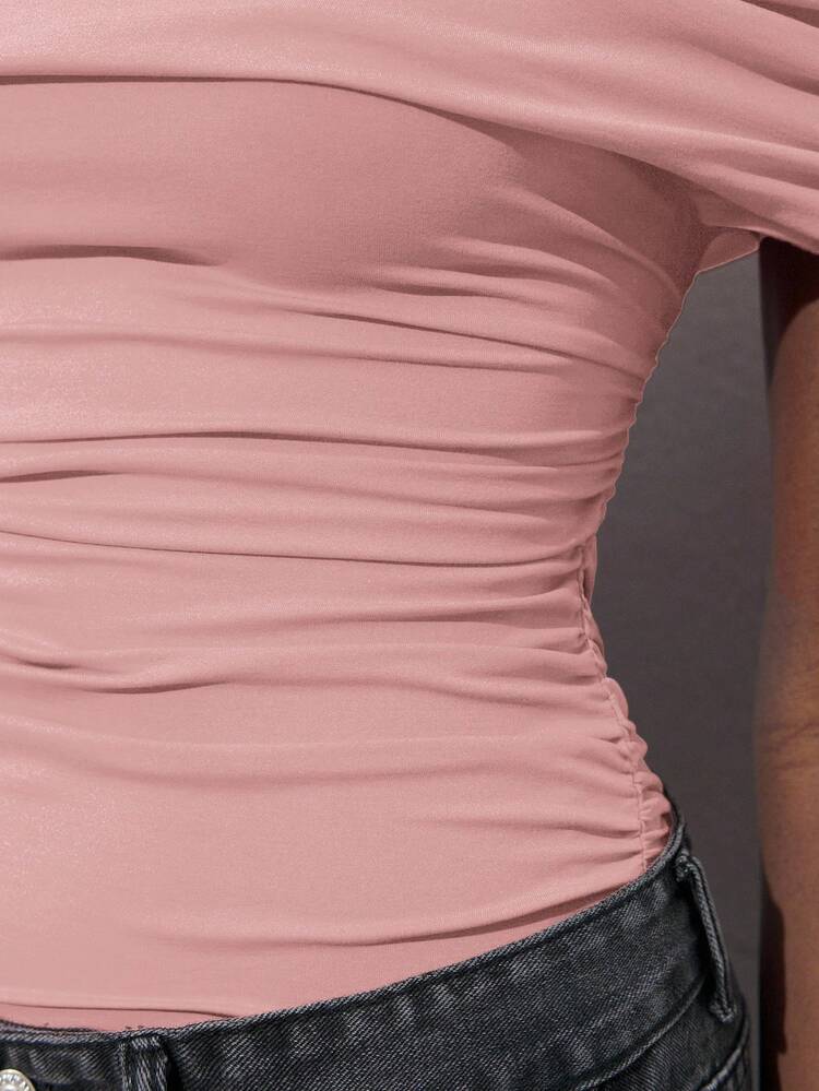 SHEIN Maija Off-The-Shoulder Ruched Pink Bodysuit, Fitted Silhouette, Versatile For Parties And Events, Spring/Summer  St Patrick's Day Women Easter Summer Outfits Easter Dress Women Party Top Beach Dress Summer Holiday Outfits Each Vacation Outfits For Women  Summer Outfit For Women Going Out Outfits Graduation Graduation Outfit  Casual Dresses  Casual Blouses For Women Off Shoulder Swimsuit Bathing Suits For Women Pink Pink Swimsuit Bathingsuits