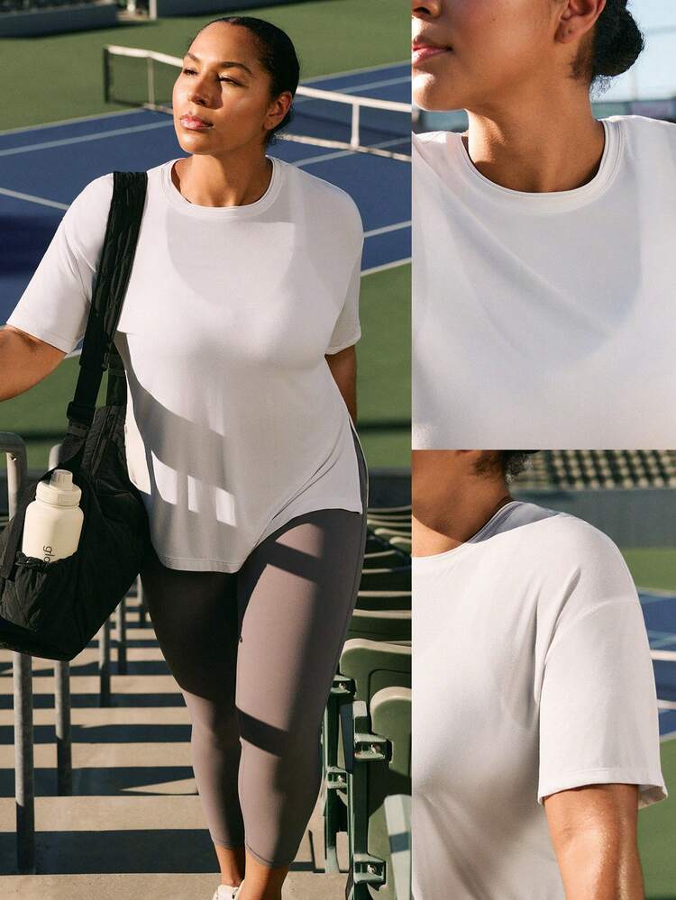 Plus Size SoftCalm Modal Boulevard Silky-Smooth Breathable Oversized Fit Dropped Shoulders Side Slits Double-Layer Crewneck Daily Casual Wear