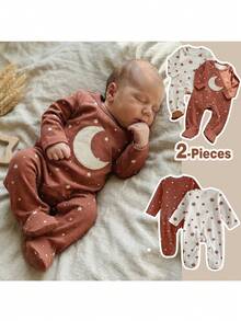 Loomiva Newborn Baby Girl Star Pattern Knitted Soft Crew Neck Long Sleeve Jumpsuit 2-Piece Set - Multicolor - View 1