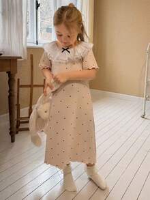 DAZY Vestito casual a maniche corte da ragazza, con stampa a pois, balze e patchwork, adatto per la primavera - Beige - Visualizzare 1
