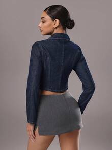 TRNVIE Chaqueta de mezclilla lavada con cuello vuelto y apertura frontal, de estilo casual y elegante - Azul lavado oscuro - Ver 2