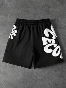 PAVTROS Men's Letter Print Drawstring Waist Casual Loose Shorts - Black - View 2