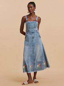 Travachic Women's Casual Denim Dress With Floral Embroidery And Pocket Design - Light Wash - View 1