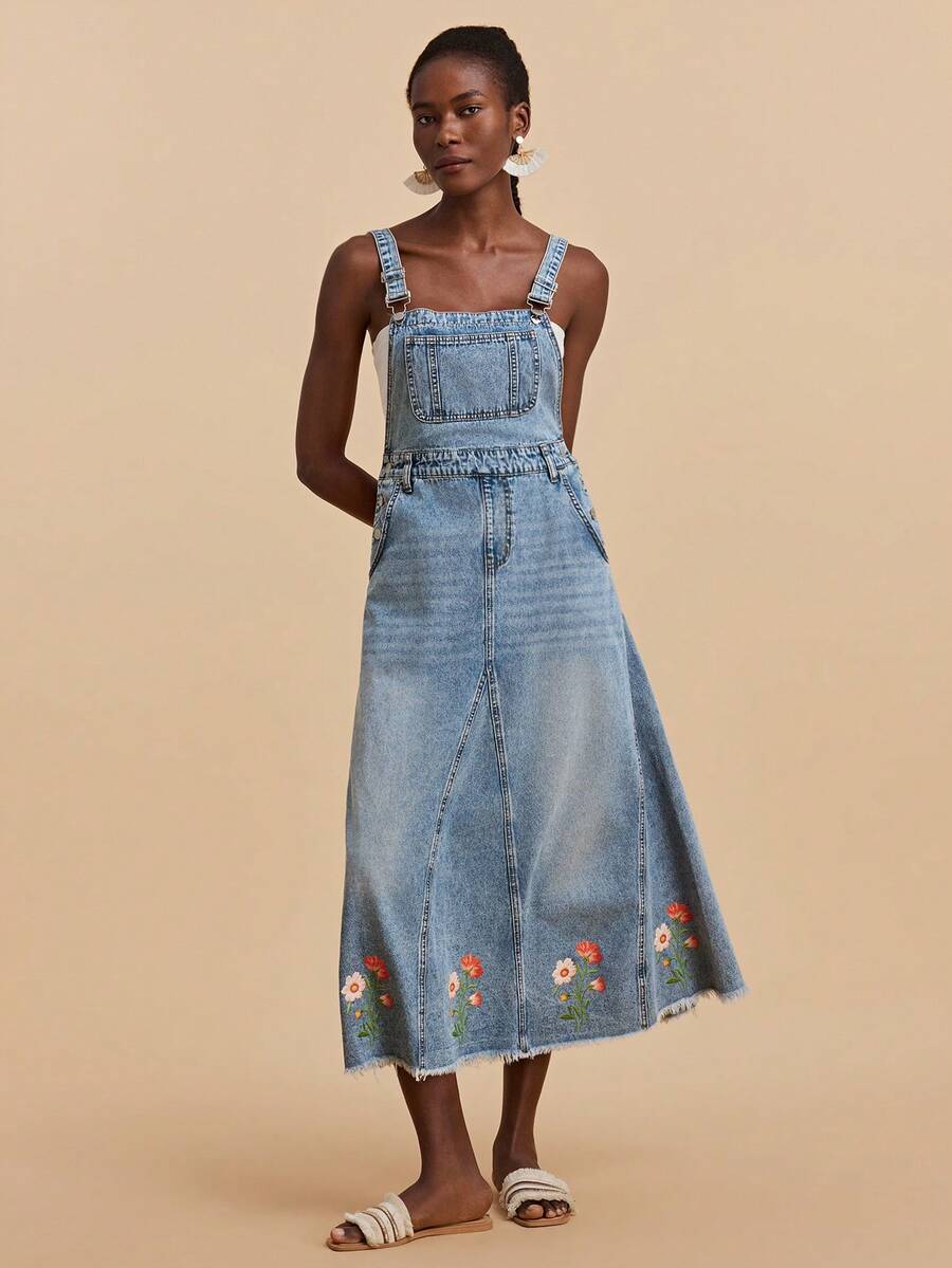 Travachic Women's Casual Denim Dress With Floral Embroidery And Pocket Design - Light Wash - View 1