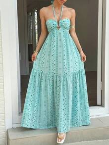 Sunnyshic Women's Minimalist Everyday Printed Maxi Dress - Mint Blue - View 4