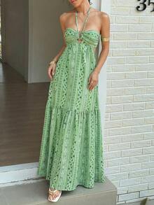 Sunnyshic Vestido casual con estampado gráfico y volante en el bajo - Verde - Ver 6