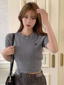 DAZY Letter Embroidery Cable Knit Top - Grey - View 6