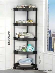 SHEIN 5 层浴室三角架，独立式带轮转角储物架，适用于卫生间、厨房、浴室、房间装饰物品，可调节和可移动收纳架 - 彩色 - 查看 9