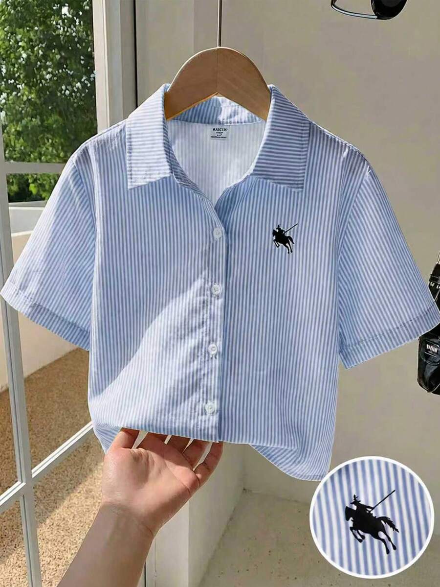 欧美风女童黄色条纹短袖衬衫,2025 夏季新款,学院风 Polo 领上衣,复古时尚,修身显瘦的短袖衬衫,适合年轻女孩。 - 藍色 - 查看 1