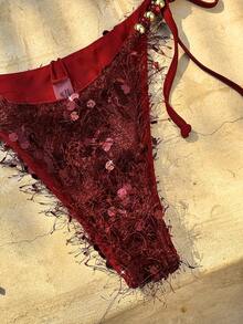 SHEIN Swim Vcay Bộ bikini đính sequin đỏ mới về mùa xuân/hè dành cho nữ, đồ bơi có thể tháo rời, thích hợp cho kỳ nghỉ, hẹn hò, dây đeo đính hạt hình mắt mèo ánh kim. - Đỏ - Xem 9