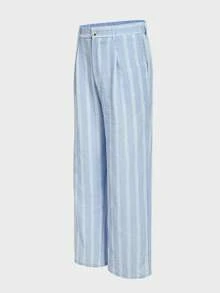 HIMLAND Chaqueta de traje de manga larga de doble botonadura a rayas y pantalones para hombre, conjunto de vestir casual para oficina y uso diario - Azul y blanco - Ver 8