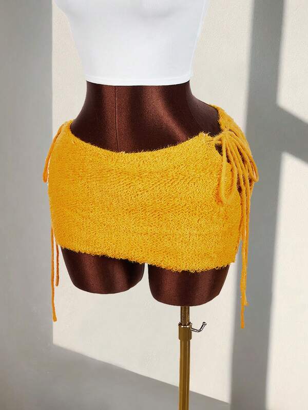 Amplova 女士针织迷你裙，超低腰，性感前卫侧系带，多巴胺配色黄色裙