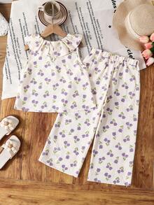 SHEIN Summer Young Girl Fresh Tulip Print Set, Sleeveless Ruffle Collar Blouse + Wide Leg Pants, Cream White Youthful Sweet Casual Style Vest Set - White - View 2