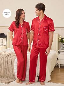 Men's Heart Embroidery Pocket Striped Jacquard Short Sleeve Pajama Set - Hot Pink - View 7