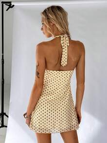 TRNVIE 1 chiếc đầm ngắn nữ, màu đen, cổ chữ V, chấm bi lãng mạn, thắt eo, thích hợp cho mặc hàng ngày, đi làm, dạo phố và hẹn hò, mùa thu/đông. - Vàng nhạt - Xem 2